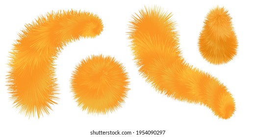 Furry fox brush, orange pompoms and balls. Fluffy  fur texture. Set of isolated elements on white background. Vector illustration