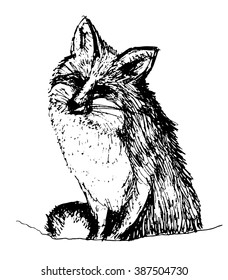 furry fox in the snow in winter ink sketch hand-drawn vector illustration