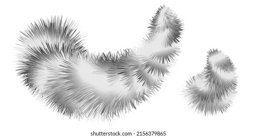 Pinceles de rayas de zorro de peluche, textura de piel blanca y negra. Shaggy fuzzy formas de cola de pelo flojo, pompones abarrotados, elementos de diseño de invierno aislados. Ilustración del vector