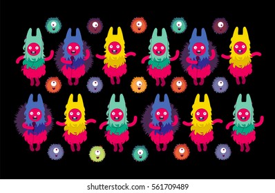 Furry friendly monsters singing and dancing. vector illustration