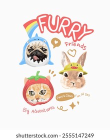 furry friends slogan with cute pets in cartoon mascot vector illustration