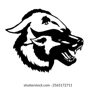 Furry goat ewe pet enemy mouth grin jaw teeth. Black line hand drawn old herd ram vintage biblic art sketch bible style good dog liar bad false fake dress lie tale story hunt meat food prey trap logo