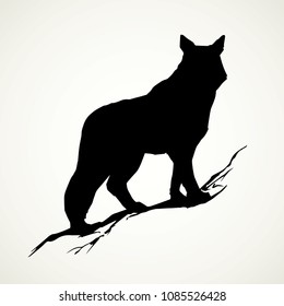 Furry gray canidae lagopus lupus stand on light sky backdrop. Dark ink hand drawn picture logotype in art retro contour print style. Closeup side view with space for text