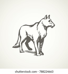 Furry gray canidae lagopus lupus stand on light sky backdrop. Freehand line black ink hand drawn picture sketchy in art retro doodle etching style pen on paper. Closeup side view with space for text