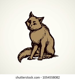 Furry gray cwolf on light sky backdrop. Freehand line black ink hand drawn picture sketchy in art retro doodle etching style pen on paper. Closeup side view with space for text