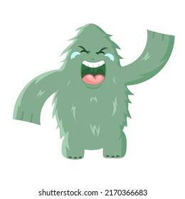 Furry green monster. halloween vector illustration, isolated cartoon on red background.