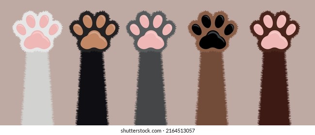 Pañuelas de gatito mugrientas.  Patas de gato. Ilustración portadora infantil. Aisladas las costillas de gatos alegres. Perros de pezuña. Icono plano de caricatura gatita al estilo doodle. Juego de diferentes colores para las pinturas de gatos