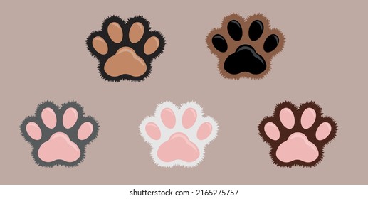 Furry kitten paws set.  Cat paws. Childish vector illustration. Cute playful cat clutches isolated. Furry paw pet animal. Kitten cartoon flat icon in doodle style. Set of different colours cats paws.