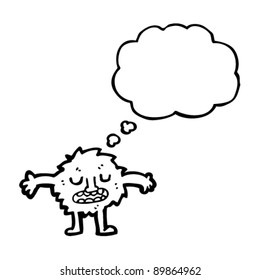 pequeña criatura peluda con dibujos animados de burbujas de pensamiento