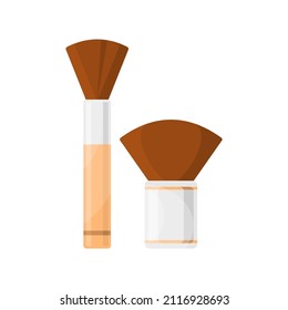 Furry makeup brushes for applying foundation powder face makeup set vector flat illustration. Collection cosmetic painting visage tools with wooden and silver metallic handle. Tone blush applicator