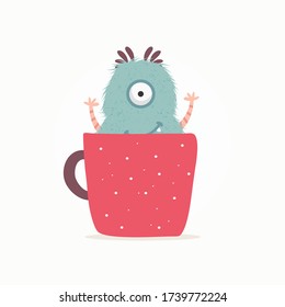 Furry monster in a cup. Vector illustration design.