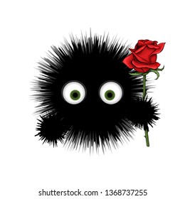 Furry monster, round cartoon prickly character, funny virus, crazy bacteria, circle alien, germ isolated on white. Valentines with red rose present. Vector card illustration
