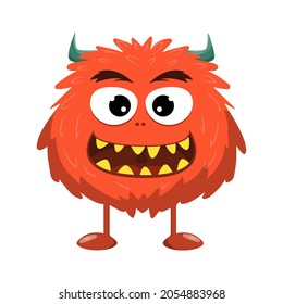 Furry Monster with smile, cartoon vector,alien monster illustration, isolated cartoon on white background.