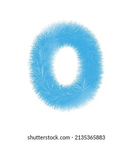 Furry number 0 font vector. Easy editable digit. Soft and realistic feathers. Number 0 with blue fluffy hair isolated on white background.