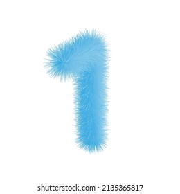 Furry number 1 font vector. Easy editable digit. Soft and realistic feathers. Number 1 with blue fluffy hair isolated on white background.