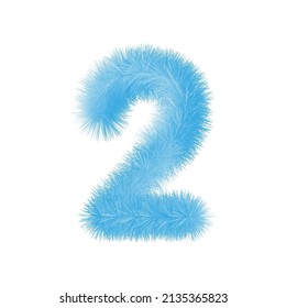 Furry number 2 font vector. Easy editable digit. Soft and realistic feathers. Number 2 with blue fluffy hair isolated on white background.