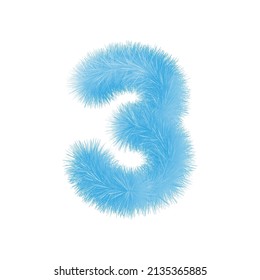 Furry number 3 font vector. Easy editable digit. Soft and realistic feathers. Number 3 with blue fluffy hair isolated on white background.