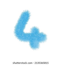 Furry number 4 font vector. Easy editable digit. Soft and realistic feathers. Number 4 with blue fluffy hair isolated on white background.