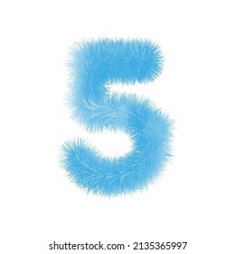 Furry number 5 font vector. Easy editable digit. Soft and realistic feathers. Number 5 with blue fluffy hair isolated on white background.