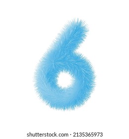 Furry number 6 font vector. Easy editable digit. Soft and realistic feathers. Number 6 with blue fluffy hair isolated on white background.