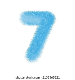 Furry number 7 font vector. Easy editable digit. Soft and realistic feathers. Number 7 with blue fluffy hair isolated on white background.