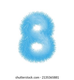 Furry number 8 font vector. Easy editable digit. Soft and realistic feathers. Number 8 with blue fluffy hair isolated on white background.