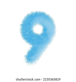 Furry number 9 font vector. Easy editable digit. Soft and realistic feathers. Number 9 with blue fluffy hair isolated on white background.