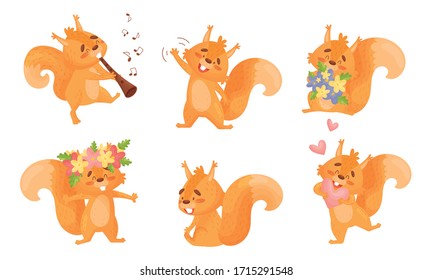 Furry Orange Squirrel Character Playing Flute and Holding Bunch of Flowers Vector Set