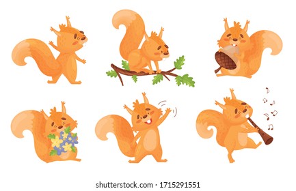 Furry Orange Squirrel Character Playing Flute and Holding Bunch of Flowers Vector Set