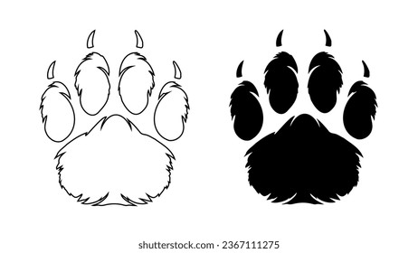 Furry paw footprint of shaggy Dog or puppy. Fur pet paw with claws. Silhouette, contour. Icon. Black vector isolated on white. Trail of Labrador, Shepherd, Retriever, Spitz, Chihuahua