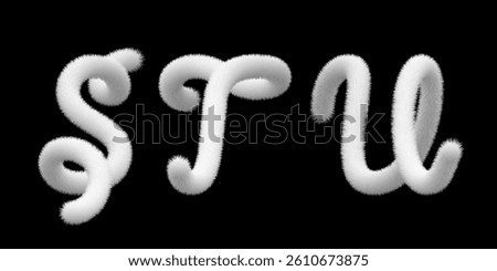 Furry pompon S, T, U 3d typography. Hairy vector capital script, fuzzy soft plush character. Puffy toy texture, snow white letter, fur ball. Cat tail, animal hair alphabet. Fluffy font typescript text