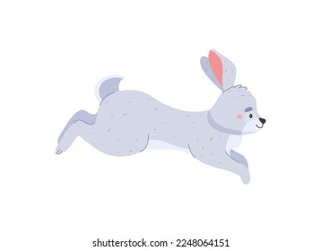 Furry rabbit running and jumping, cartoon flat vector illustration isolated on white background. Cute animal character for kids design. Cheerful Easter bunny.