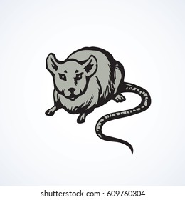Furry Rattus on light backdrop. Freehand dark ink hand drawn logo sketchy in retro scribble style pen on paper. View closeup with space for text