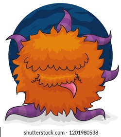 Furry red haired monster with tentacles, floating with its tongue out and ready for some pranks in Halloween.