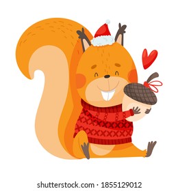 Furry Red Squirrel in Knitted Sweater Holding Acorn Vector Illustration
