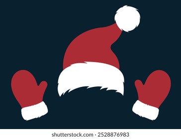 Furry Santa Claus red hat and mittens. Christmas and New Year vector elements for design.