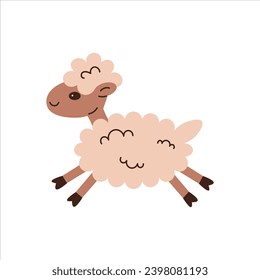 Furry sheep jumping. Hand drawn cute fluffy animal. Vector illustration for sleepwear, nightwear, kids, bedroom, card. Childish design