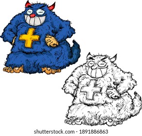 Furry smiling beast with a plus sign on its chest for the concept of positive monster. Hand drawn vector illustration.