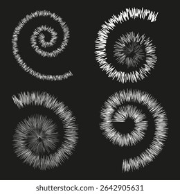 Ícones em espiral furry. Formas de espiral vetorial. Formas abstratas enroladas. Símbolos de ilusão pretos.