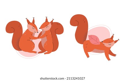 Furry Squirrel Animal with Bushy Tail and Red Coat Vector Set