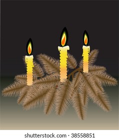 Fur-tree branch with candles. Vector illustration.