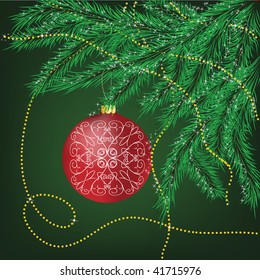 The fur-tree branches decorated with red sphere