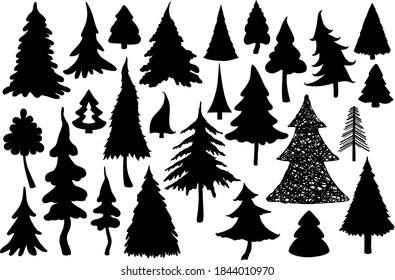 Fur-tree silhouettes set on white background