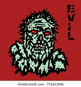 Fury zombie monster face. Horror image. Vector illustration. Genre of horror. Scary character evil head.