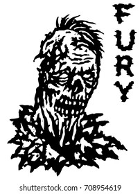 Fury zombie. Vector illustration. Black and white colors. Genre of horror. States of min