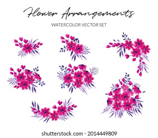 fuschia watercolor flower arrangement separated vector set