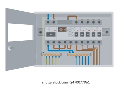 Fuse board box. Electrical control panel with circuit breakers, voltage monitoring relay and connected wires. Vector illustration 