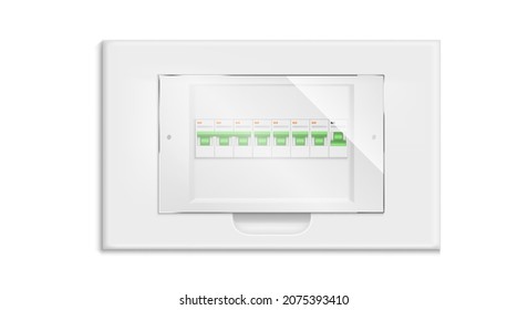 Fuse box, electrical panel with on and off switchers, automatic circuit breaker isolated on white background. Switchboard equipment for power control and distribution, Realistic 3d vector illustration svg