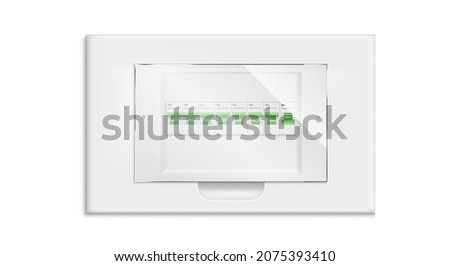 Fuse box, electrical panel with on and off switchers, automatic circuit breaker isolated on white background. Switchboard equipment for power control and distribution, Realistic 3d vector illustration