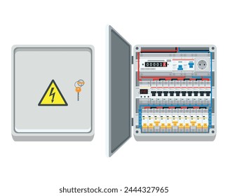 Fuse box. Electrical power switch panel with open and close door. Electricity equipment. Power Switch Panel. Vector illustration, isolated on white background.